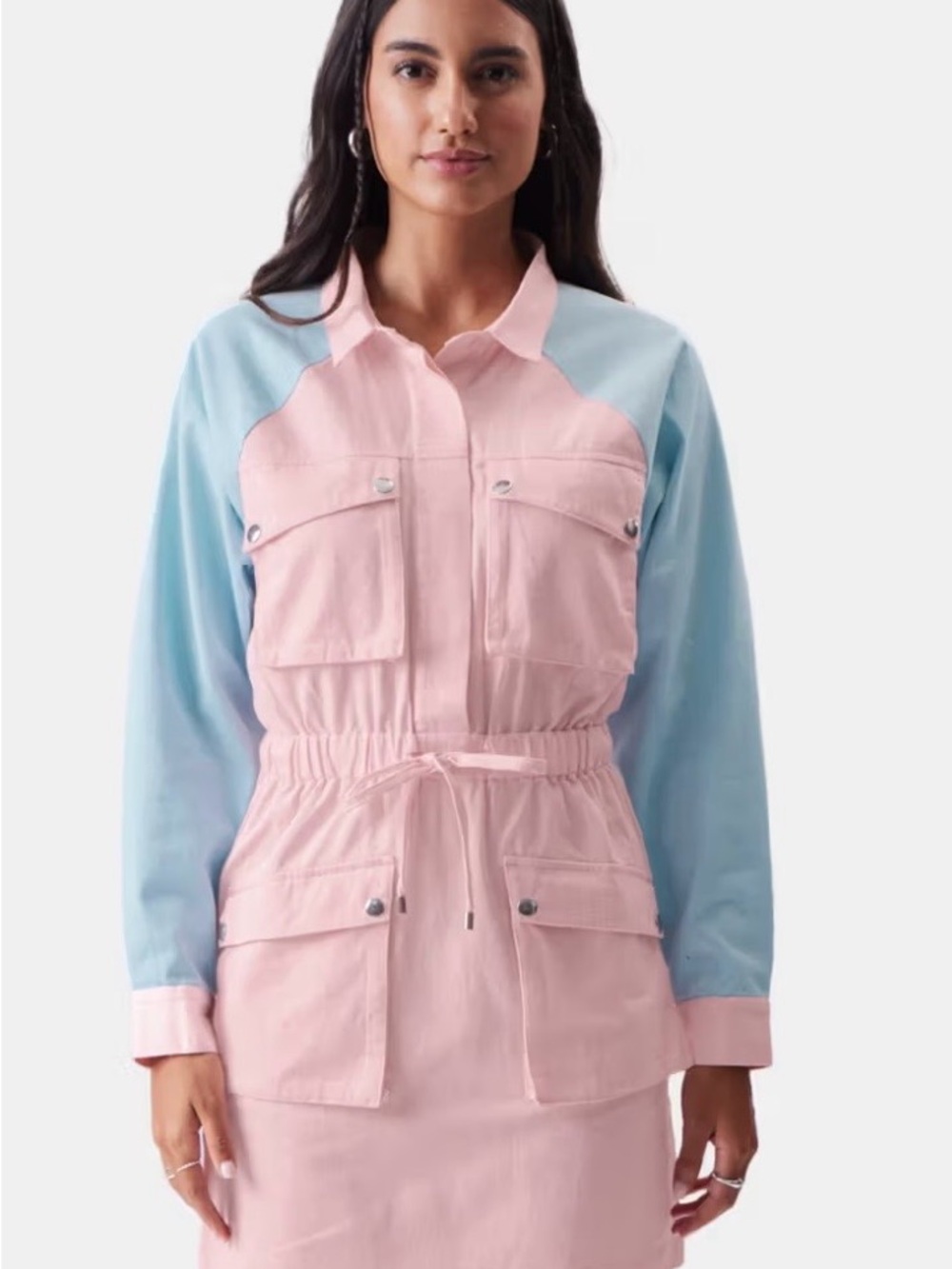 Color-Block Pink & Light Blue Drawstring Shirt Dress